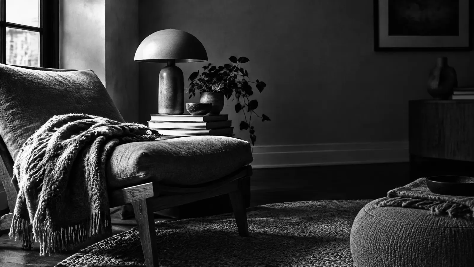 A black-and-white cozy room with a chair, throw blanket, books, lamp, and plant.